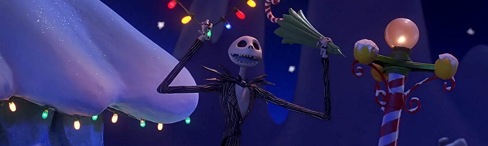 A dapper skeleton in a pinstripe suit and bow tie sings around Christmas decorations.