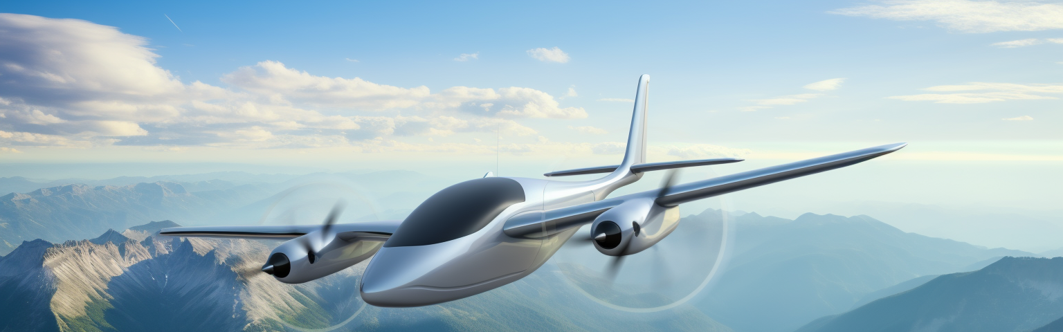 Midjourney generated image of electric aircraft over rolling hills under a clear blue sky