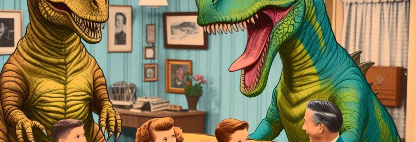 a retro sitcom family with two t-rexes