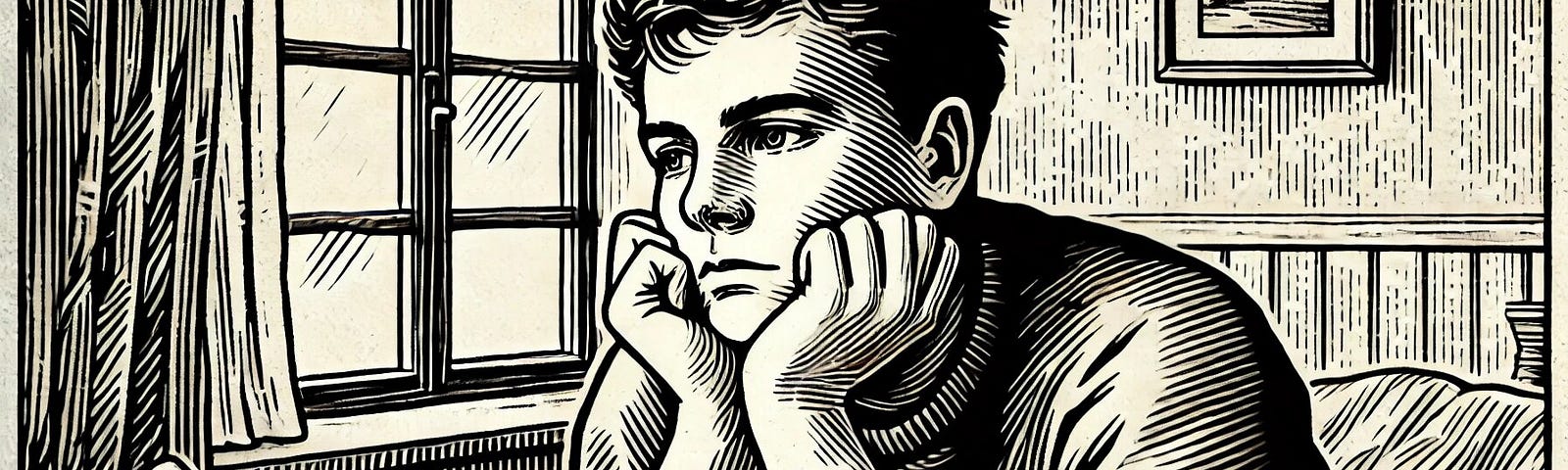 a black-and-white drawing of a sad man resting on his hands