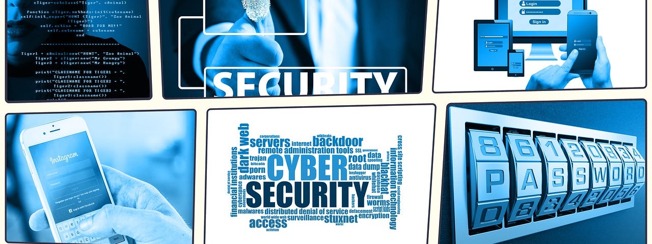 IMAGE: A series of nine images in blue tones relative to cybersecurity, login screens, passwords, locks, fingerprints, etc.