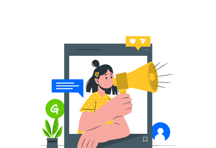 An illustration of a person popping out from the internet with a megaphone