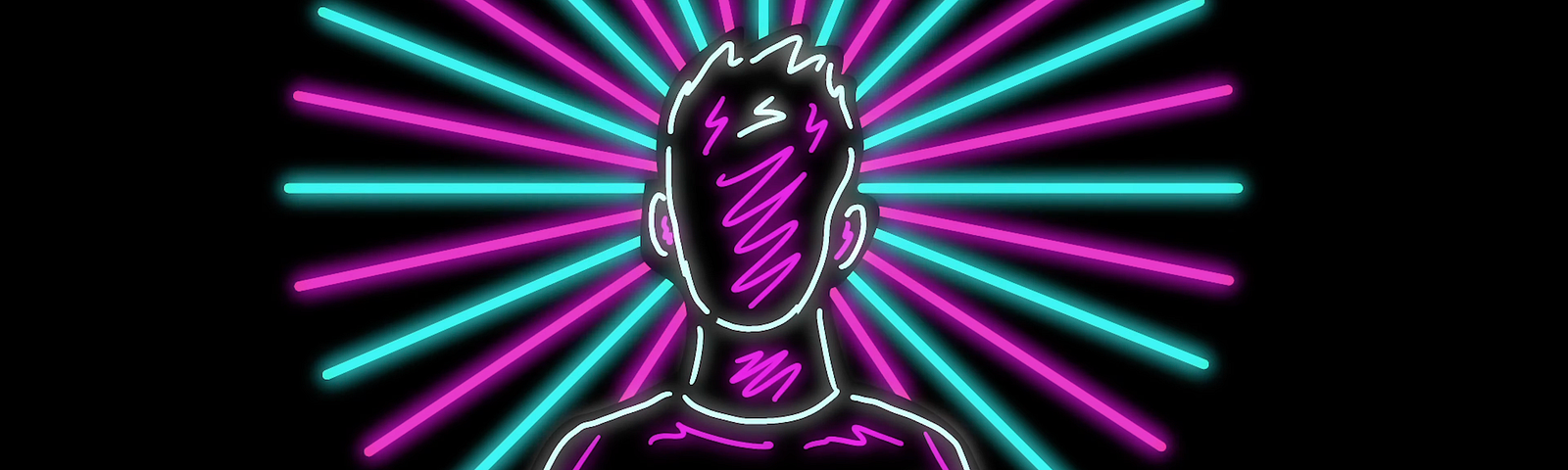 Film still from Reviving the Roost by Vivek Shraya of  a neon image of a human ouline with short hair wearing a t-shirt, haloed by purple and aqua lines.