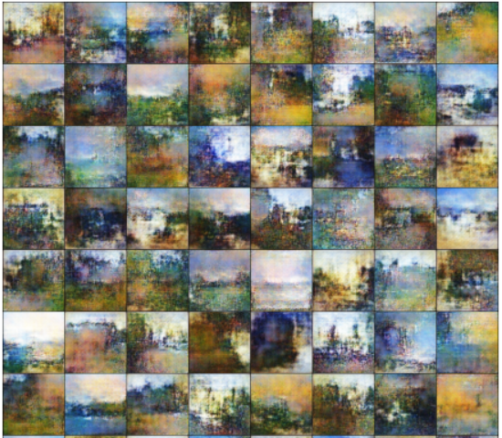 Grid of final images generated by WGAN, each of them a painting in the style of Monet.