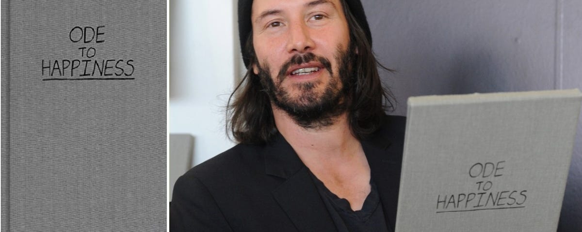 photo of Keanu Reeves holding his book Ode to Happiness