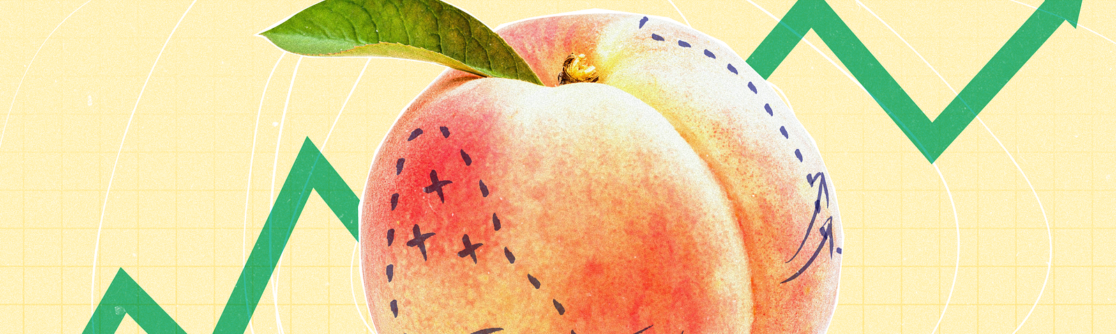A graphic featuring a peach with marks on its sides.