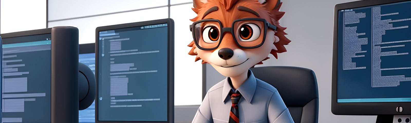 An AI-generated fox in the style of a Pixar 3D animation, wearing a light-blue shirt, and a red and navy blue striped tie, sitting at desk with several computer screens around him with what looks like computer code on them.