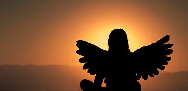 The silhouette of a beautiful angel basking in the sunrise