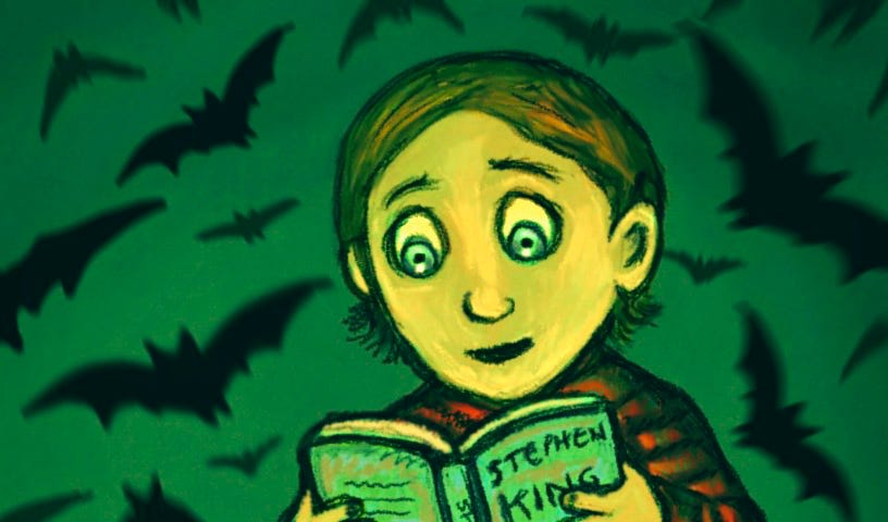 A young boy reading a Stephen King novel, with bats swarming behind him.