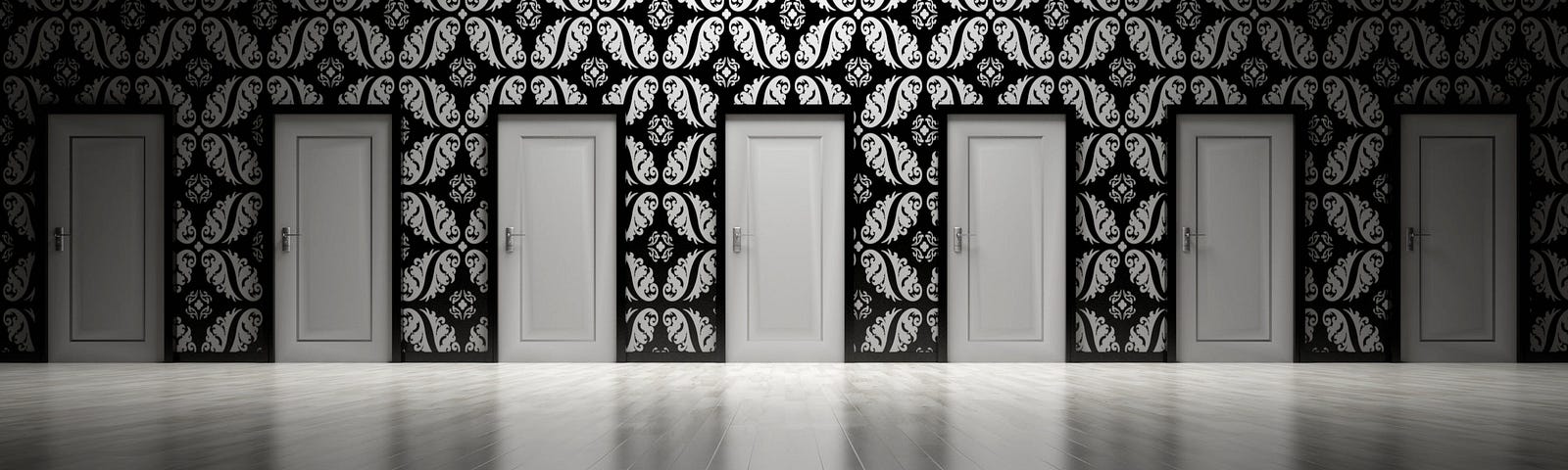 A wall with seven identical white doors.