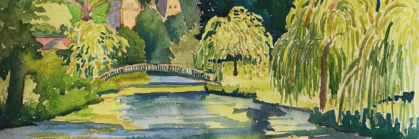 Watercolor painting of a arcing bridge crossing calm waters at Chateau Orquevaux, France.