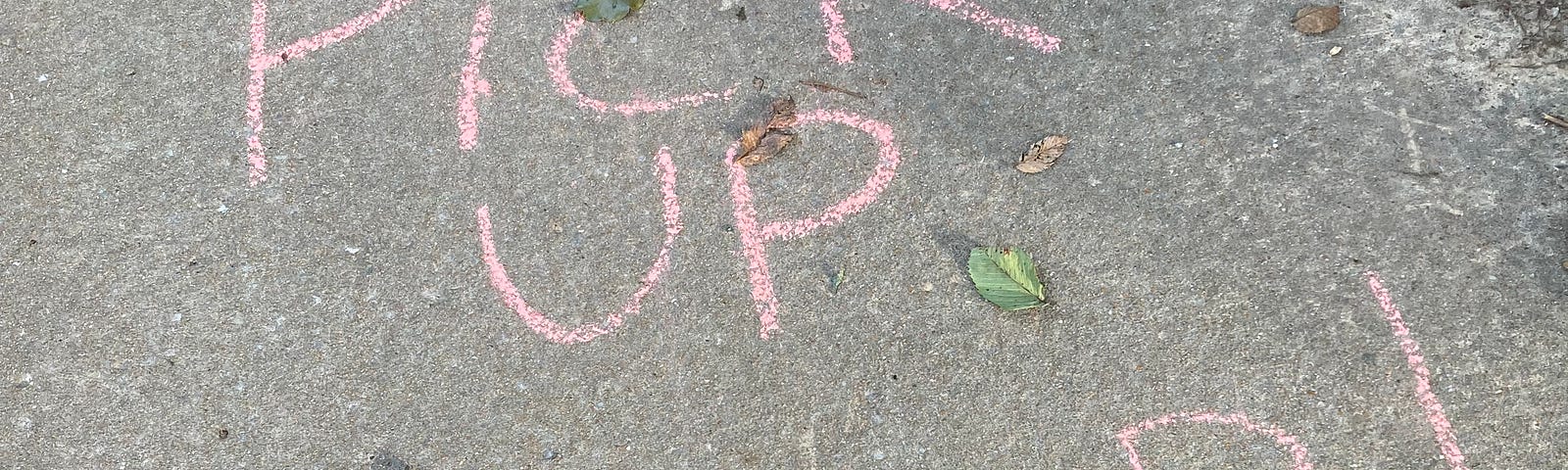 The message “Pick Up Poop!” printed in pink chalk on a sidewalk.