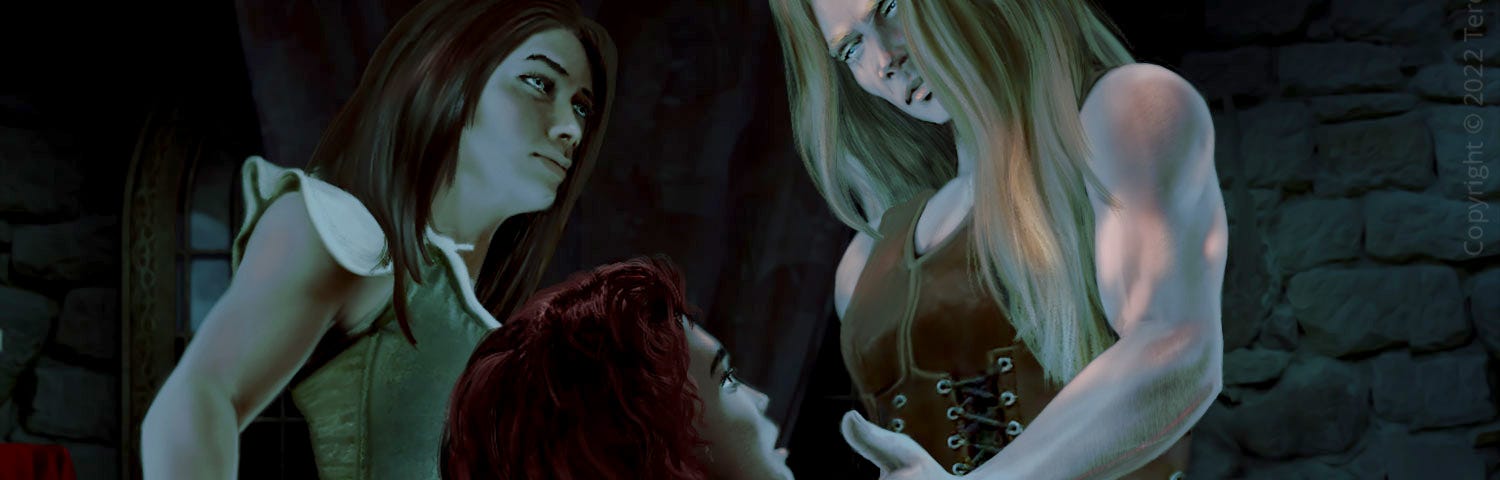 Three women wearing medieval clothing in a fantasy setting. One women is on her knees.