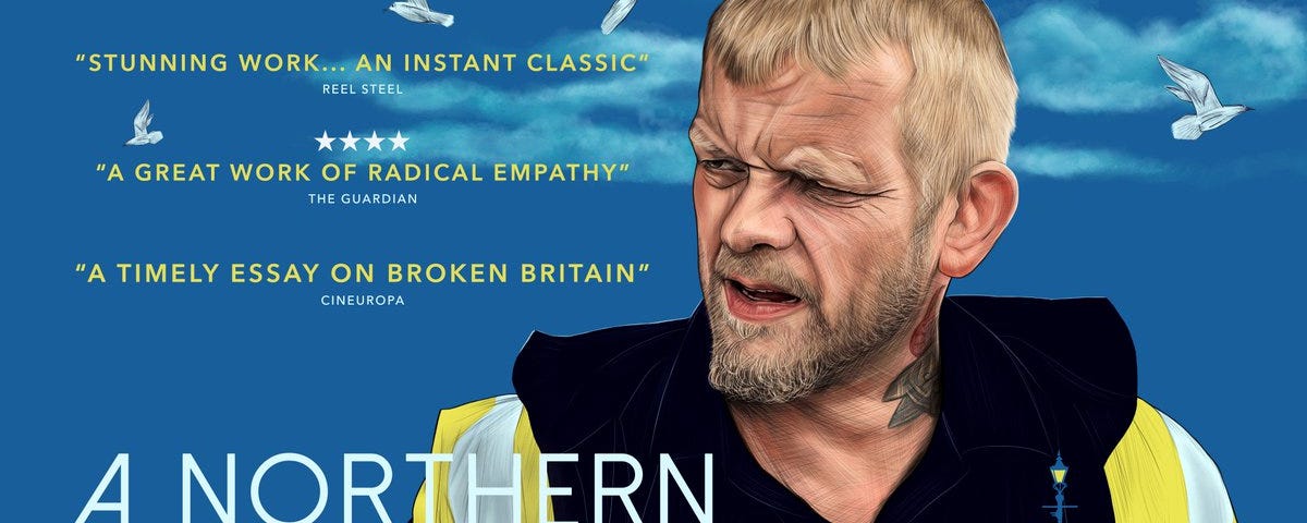 Film poster for ‘A Nothern Soul’ depicting a middle-aged man in a hi vis jacket in front of a blue sky with sea gulls.