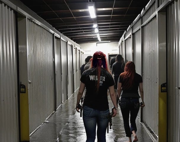 Nine barefoot women (1 Black woman, 1 Asian woman, 1 white woman with blond hair, 1 white woman with red hair, 4 Hispanic women), wearing jeans, khakis, carrying katanas and pistols, soaking wet, walking down the hall of a dingy storage unit converted into a makeshift ramshackle living area