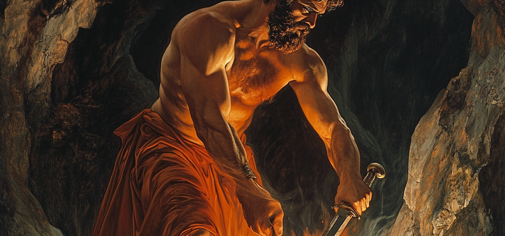 image of Hephaestus forging a sword inside his mountain