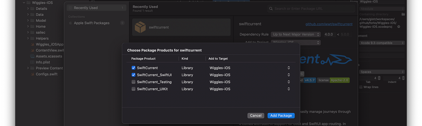 Swift Package Manager adding SwiftCurrent with SwiftCurrent and SwiftCurrent underscore SwiftUI packages checked.