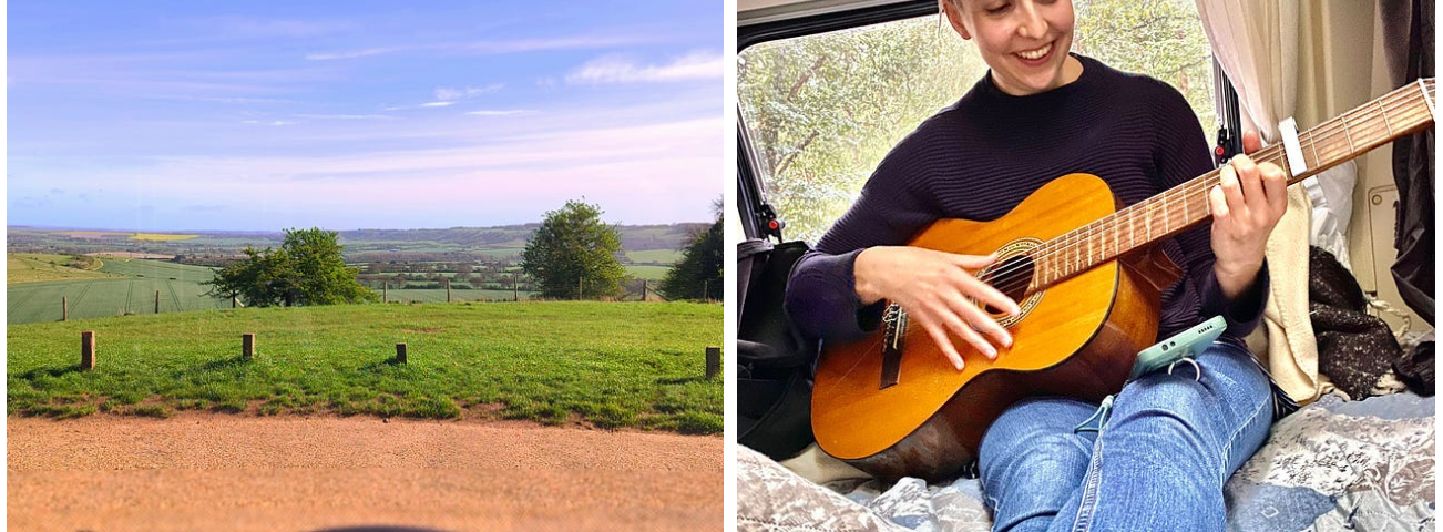 Green fields and blue skies pictured from the windshield of the author’s campervan, and on the right side, the author wearing jeans and a black sweater playing her acoustic guitar.