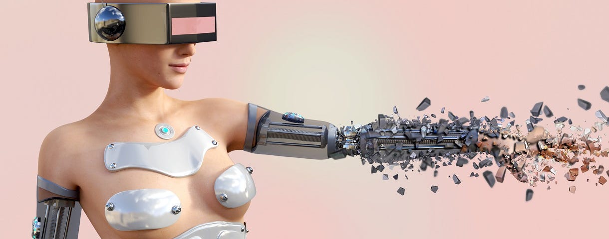 A sexy robot woman with a fragmented arm.