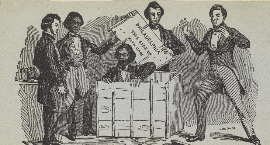 Henry ‘Box’ Brown emerging from the crate in which he mailed himself from Richmond, Virginia to Philadelphia. Surrounding the box are four figures, including the abolitionist, Frederick Douglass.