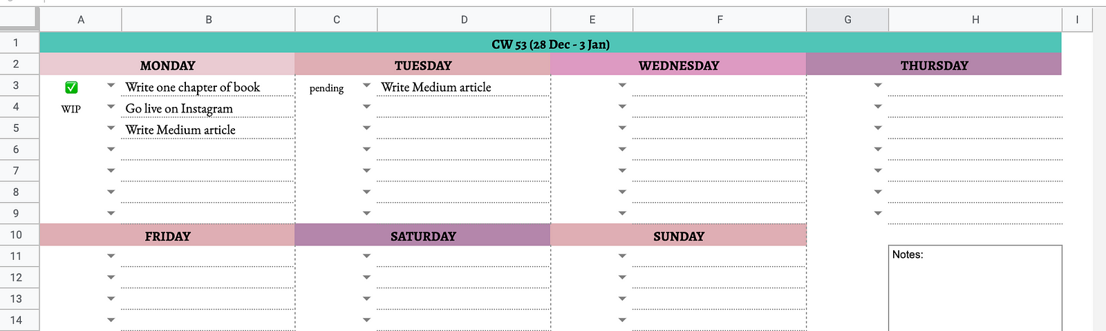 Screenshot of week planner tab showing calendar week, the days, and below each day 7 lines to write tasks for that day.