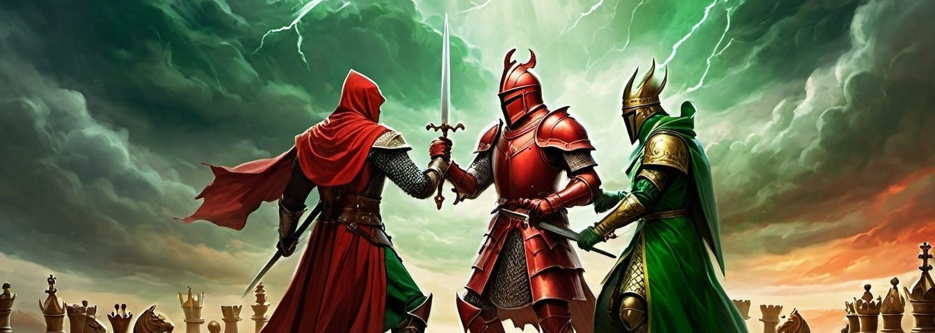 Green and red knights and a bishop fight on a chessboard battlefield