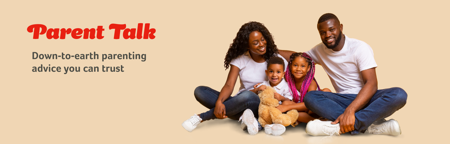 Image promoting the Parent Talk service, with parents and their two children