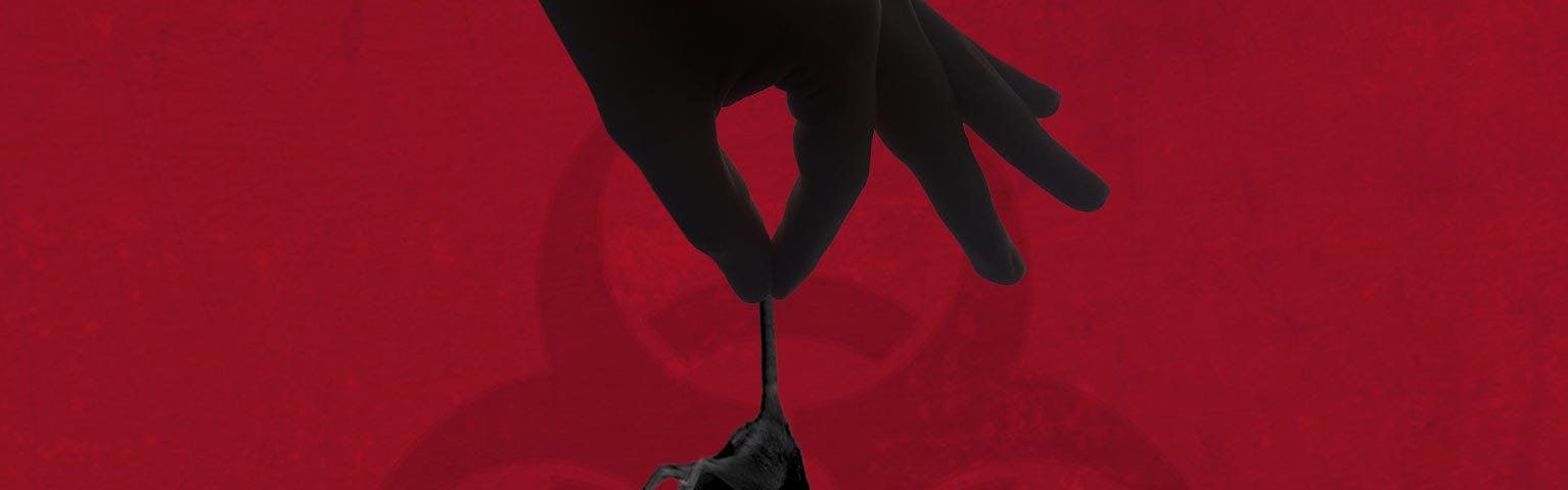 A dark silhouette of a hand holding a rat by its tail with an ominous textured red background and the toxic sign engraved on it.