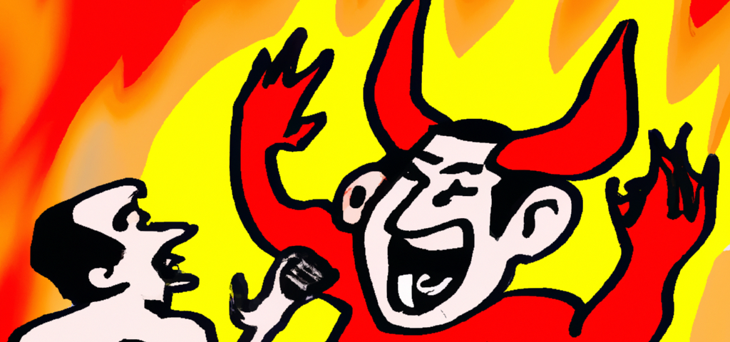 The devil laughing at a man burning in the flames of hell