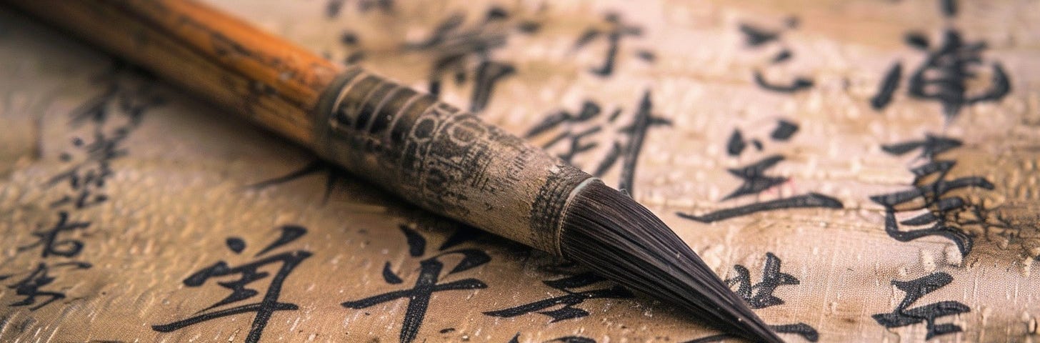 A traditional calligraphy brush rests on aged paper filled with flowing Chinese characters, symbolizing cultural heritage.
