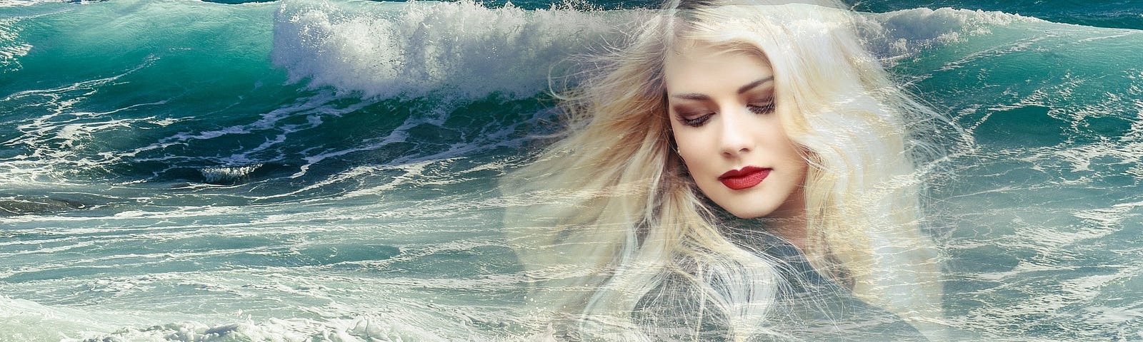rough waves of the sea with a superimposed vision of a blonde beautiful woman