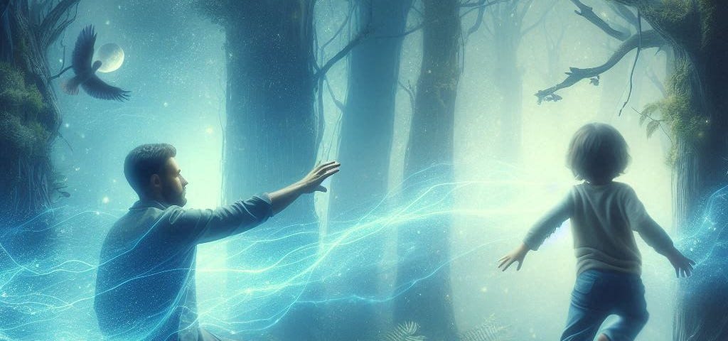 Father in etheral dream forest trying to reach son