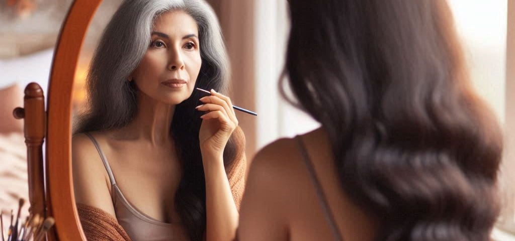 A young woman looks into her mirror at her older, fatter, greyer self