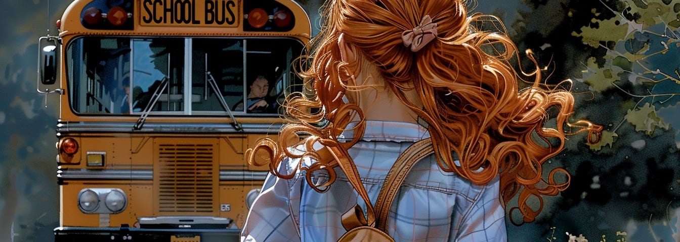 Painting of the back of a little red-haired girl from the waist up in the foreground with the front of a school bus approaching her on a country road. She is wearing a long-sleeved shirt and skirt and a small backpack.