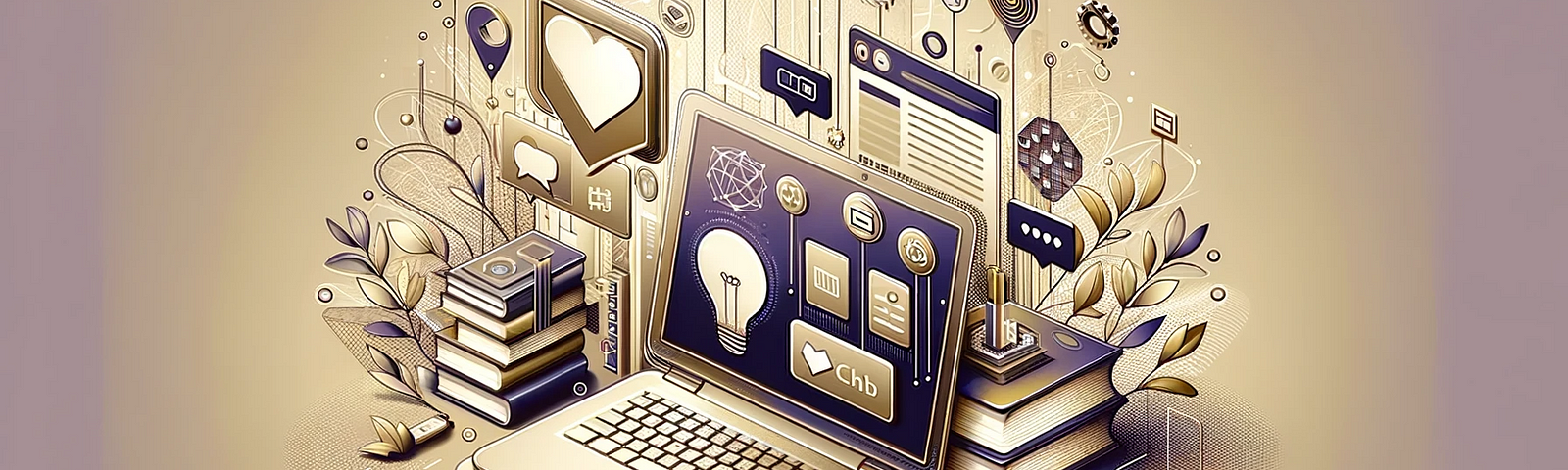 A digital artwork featuring a laptop displaying Medium’s interface, surrounded by symbols of writing, research, and online engagement, in a color palette of light beige, light golden, and dark violet