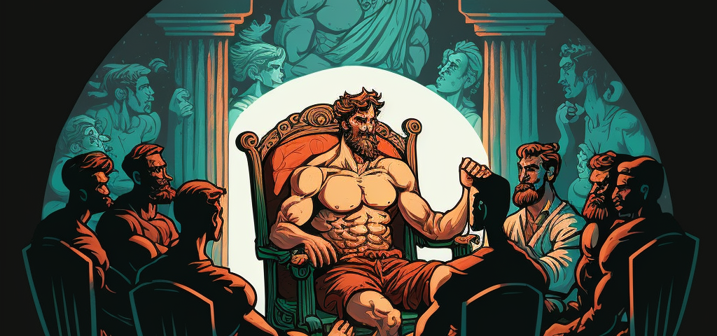 Image of Hercules talking to other ancient Greek heroes, as if he is in a 12 step program circle