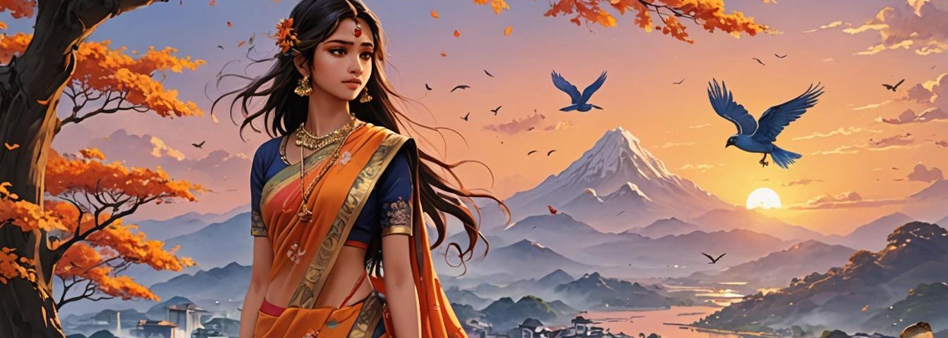 Indian lady in hills with birds and mountain in background