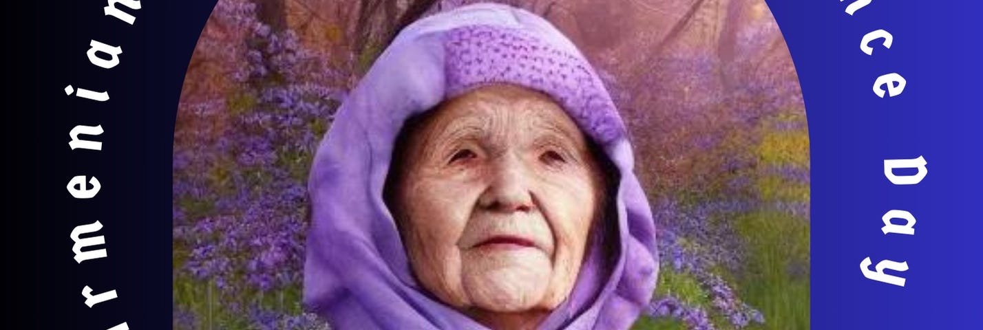 Portrait of an old Armenian woman surrounded by forget-me-not flowers. The portrait is in a blue-black frame. The words Armenian Genocide Remembrance Day, circle her portrait. Below the portrait is the date, April 24th,2024.