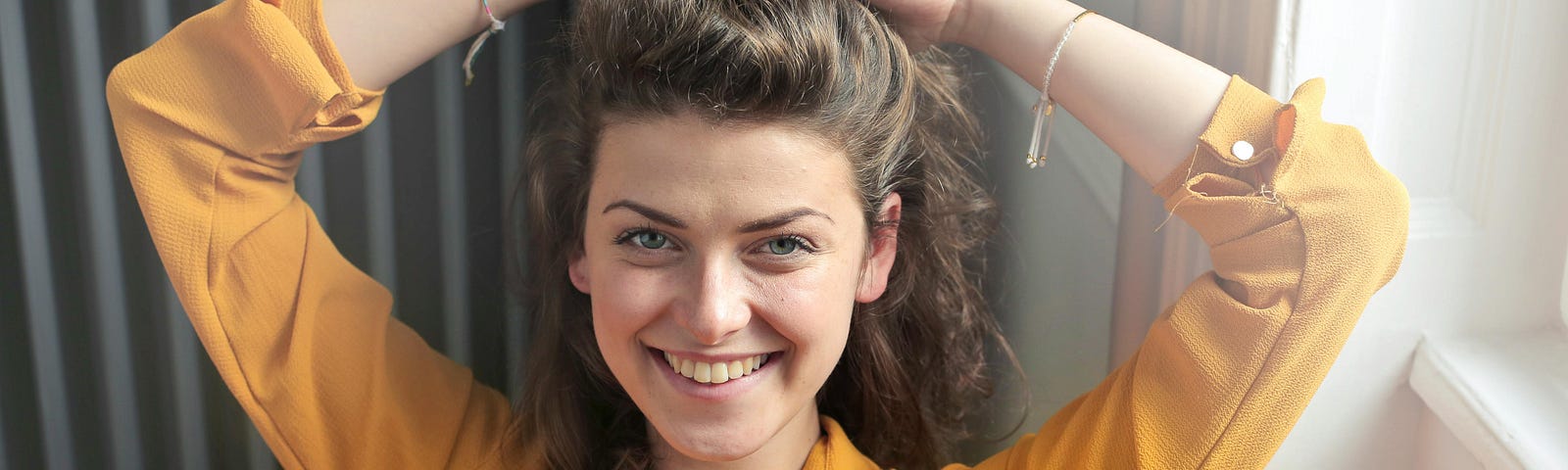 Woman Wearing Yellow Button-up Long-sleeved Dress Shirt