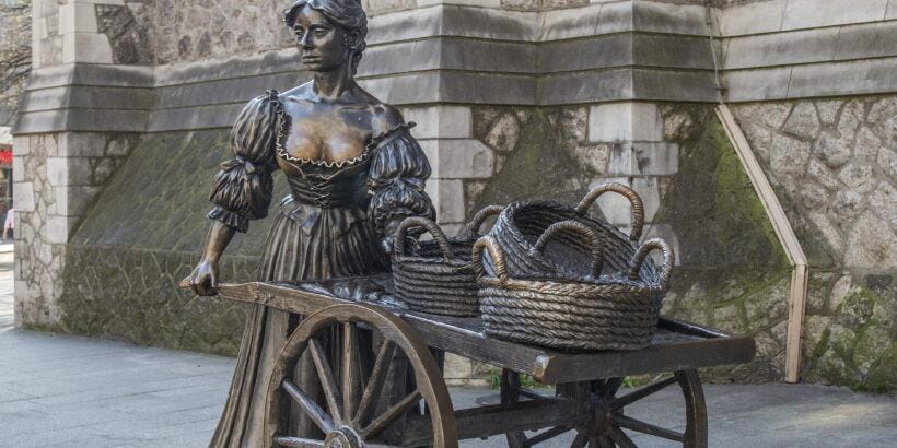 Statue of Molly Malone and her cart at the current location on Suffolk Street, Dublin