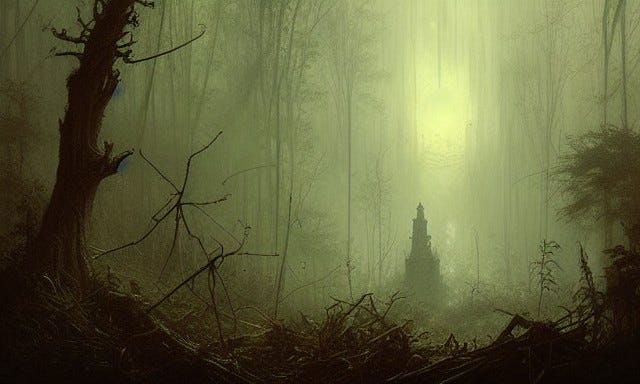 A dark spired shrine in a spooky half-dead forest