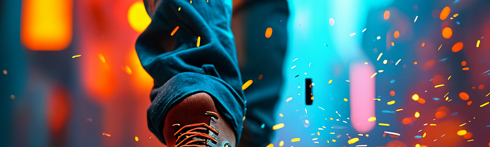 A man walking on the street, shooting at his foot.