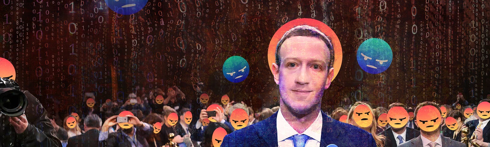 A poster showing Mark Zuckerberg testifying in front of Congress. But everyone in the audience is wearing an angry emoji mask.