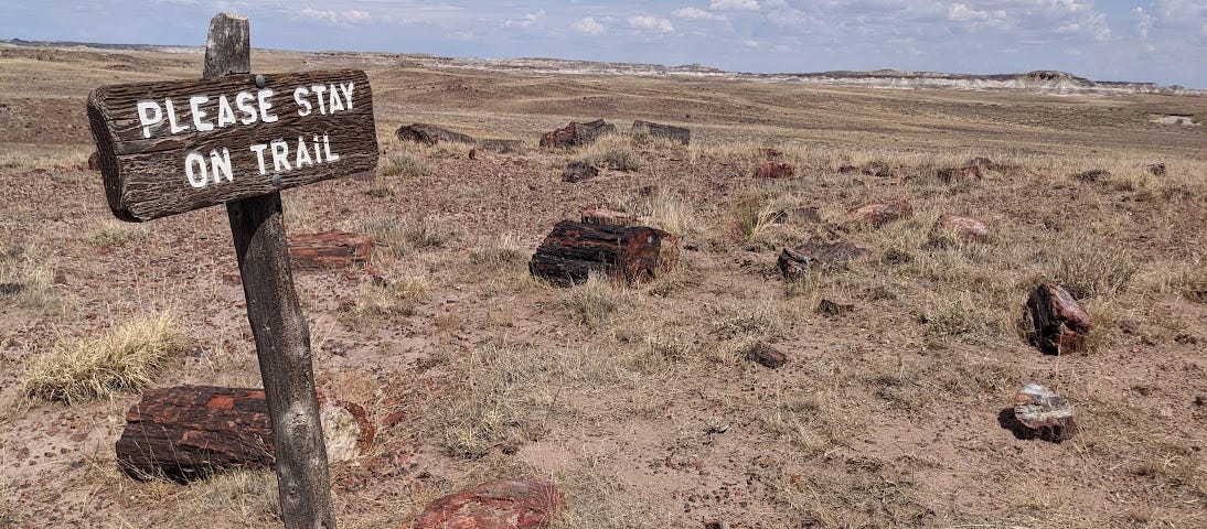 Sign reading “Please Stay on Trail” at Petrified Forest National Park
