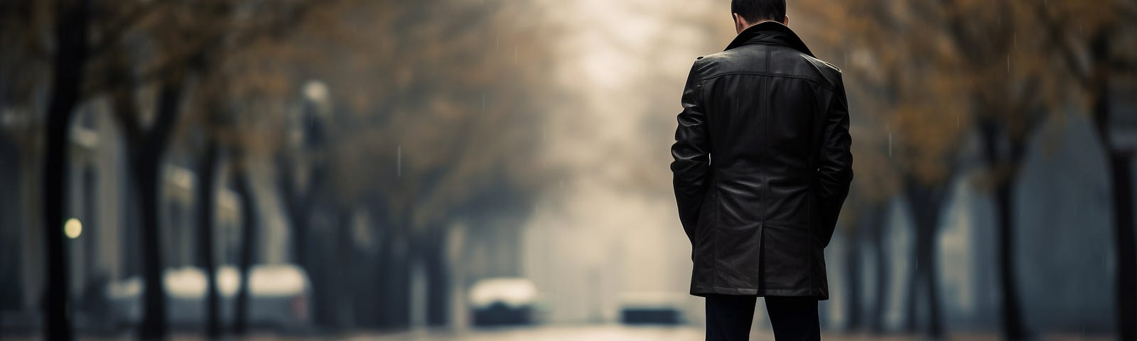 A depressed man, standing in the middle of a wet road, back turned to camera