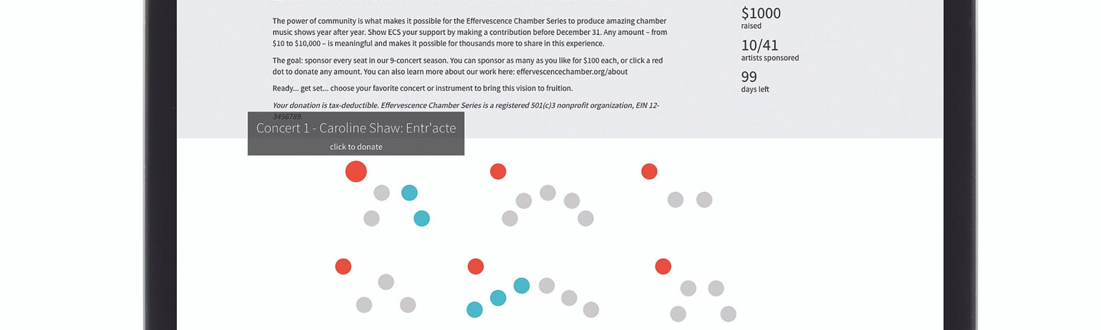 Dots example that includes a title, introductory text, a section for campaign statistics, and a stage filled with dots.