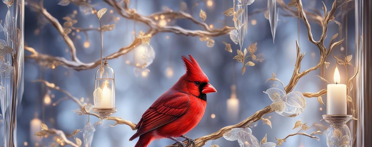 A cardinal sitting in a tree with lights