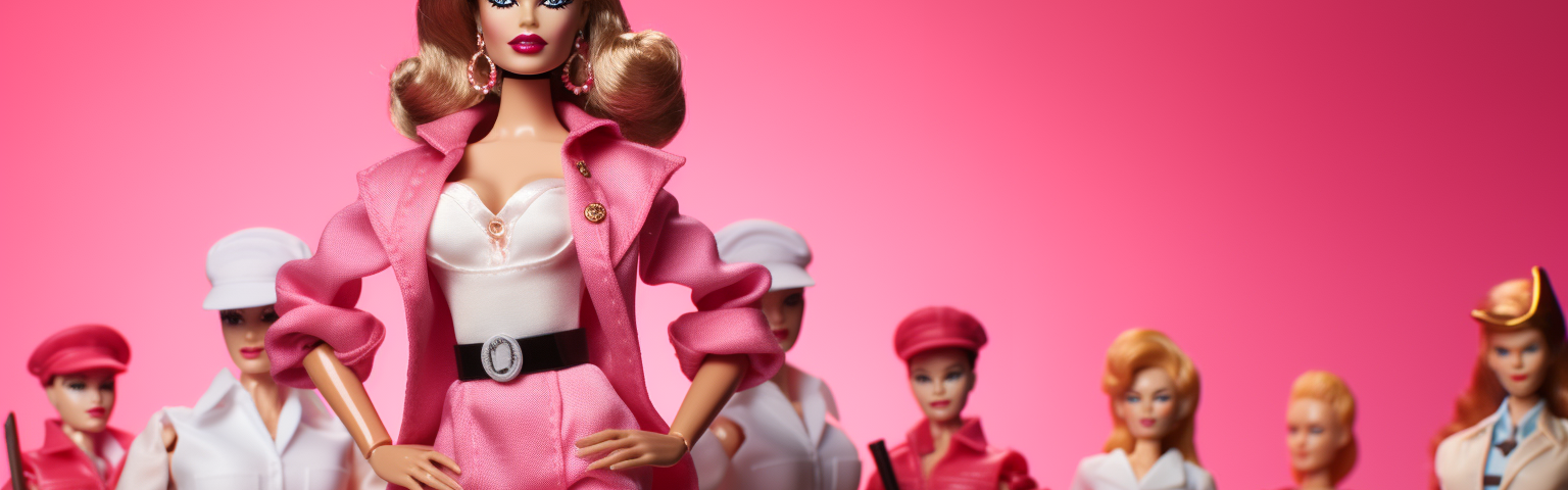 Barbie in a pink trousers and coat standing in front of a line up of soldier Barbies