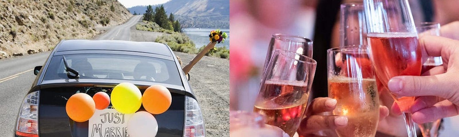 A car with just married balloons (left) and a wedding guest raising their glasses for a toast (right).