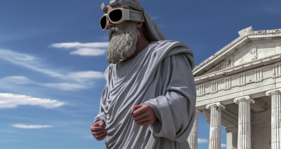 Plato wandering around with VR glasses